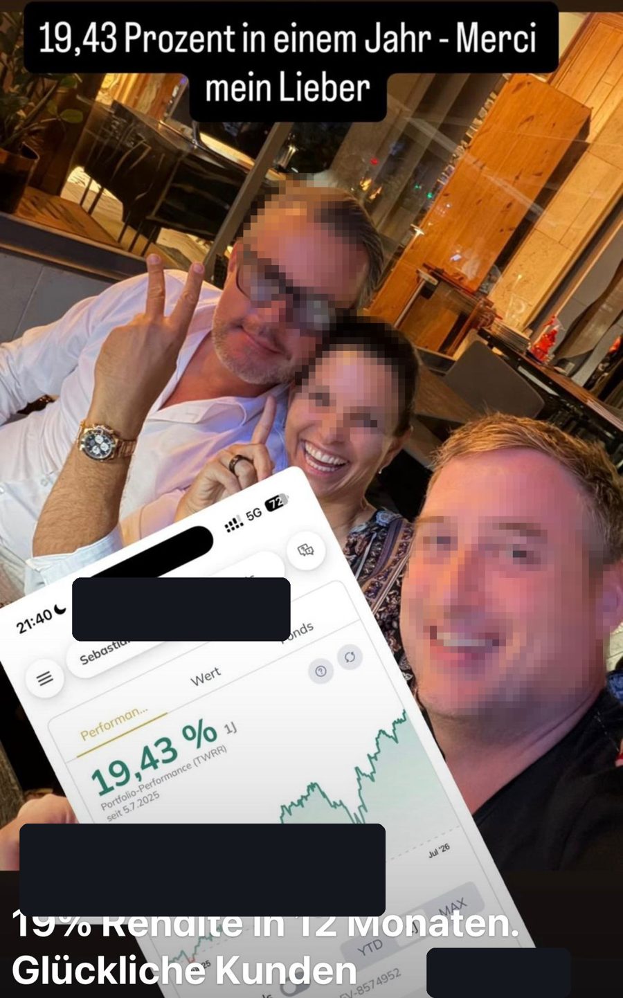 Kunden zeigen ihre reale Depot-Performance von 19,43 Prozent in der Banking-App
